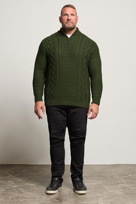 BadRhino Big & Tall Dark Green Cable Knit Quarter Zip Jumper | BadRhino 2