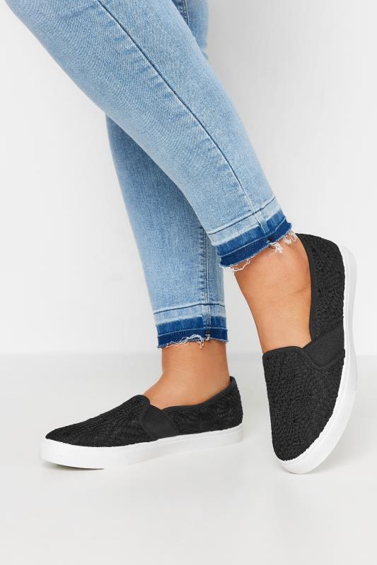 Plus Size  Yours Black Broderie Anglaise Slip-On Trainers In Wide E Fit