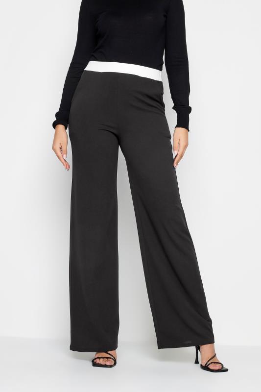 LTS Tall Black & White Contrast Waistband Wide Leg Trousers | Long Tall Sally 1