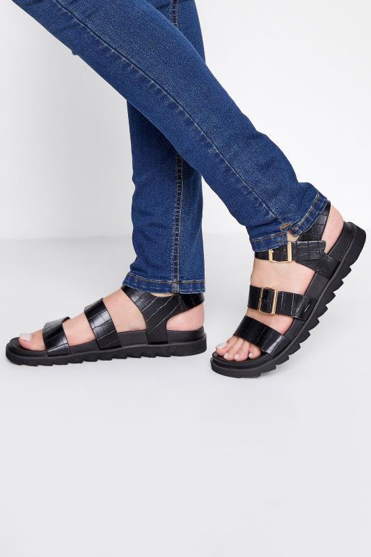 Tall  LTS Black Croc Buckle Strap Sandals In Wide E Fit