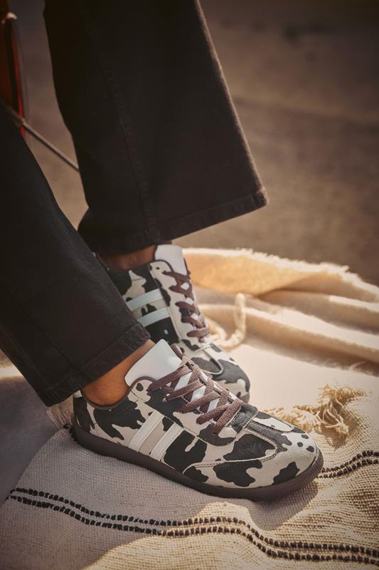 Brown Cow Print Retro Stripe Trainers In Extra Wide EEE Fit | Yours Clothing 1