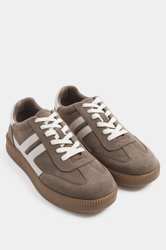 Brown Faux Suede Side Stripe Trainers In Wide E Fit | Yours Clothing 1