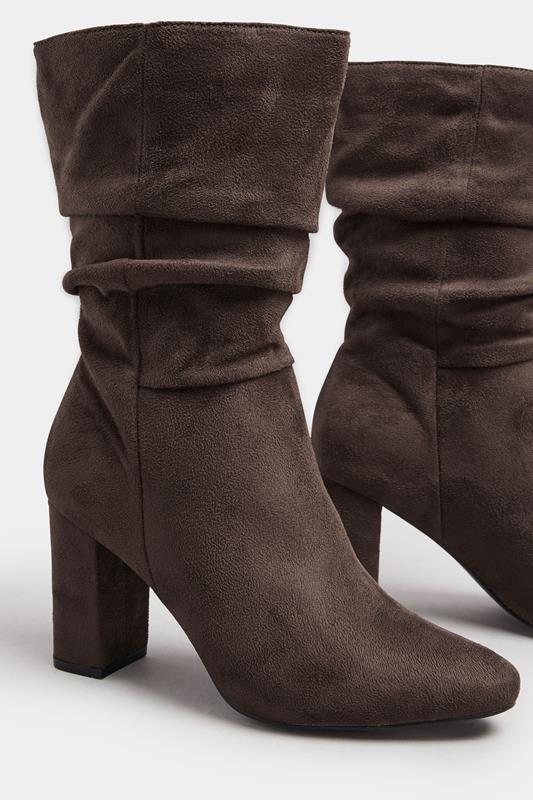 Chocolate Brown Faux Suede Ruched Block Heel Boots In Standard Fit | Yours Clothing 4