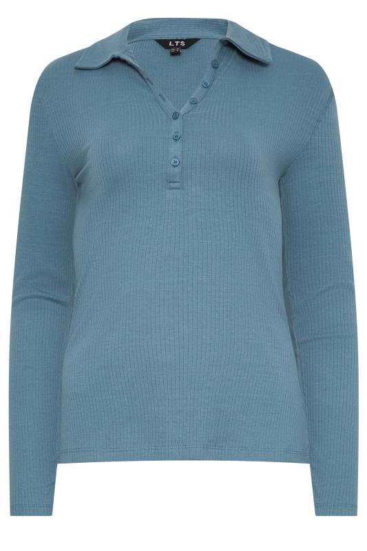 LTS Tall Blue Ribbed Button Detail Collared Top | Long Tall Sally 6