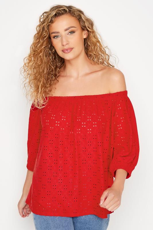 LTS Tall Women's Red Broderie Anglaise Bardot Top | Long Tall Sally 1
