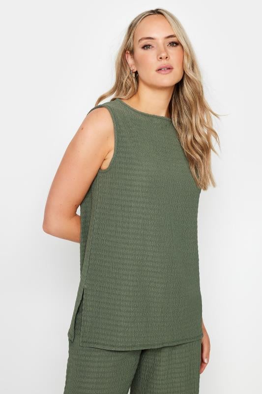 LTS Tall Khaki Green Textured Sleeveless Top | Long Tall Sally 1