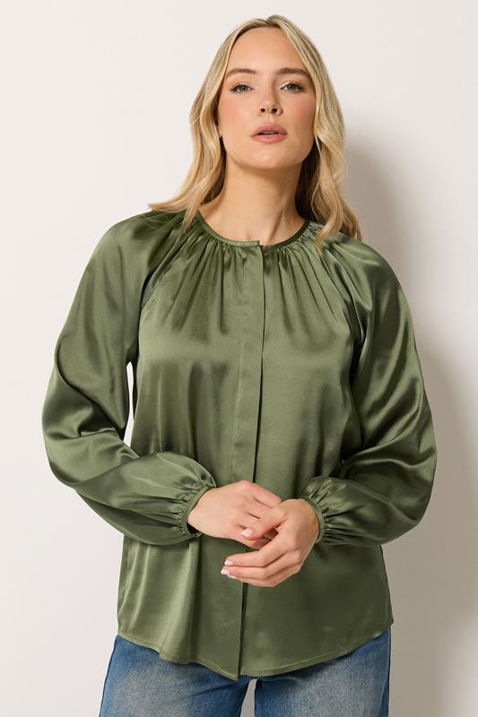  LTS Tall Khaki Green Satin Button Top