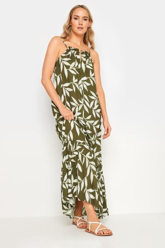 LTS Tall Women's Olive Green Leaf Print Ruched Neck Maxi Dress | Yours Clothing 2