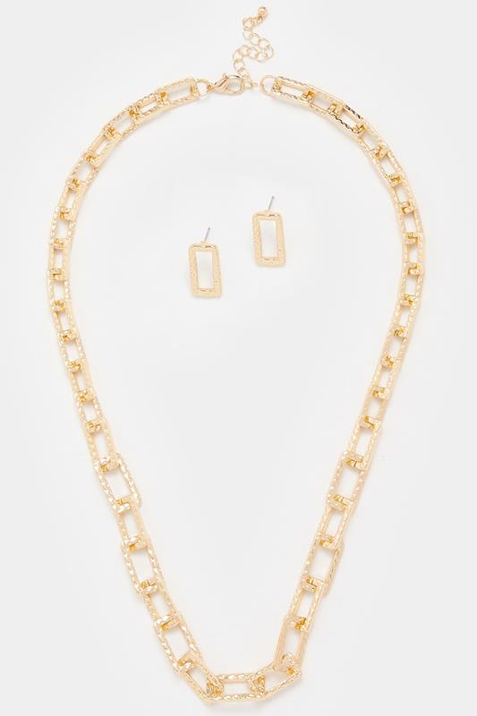 Gold Tone Hammered Link Necklace & Earring Set
