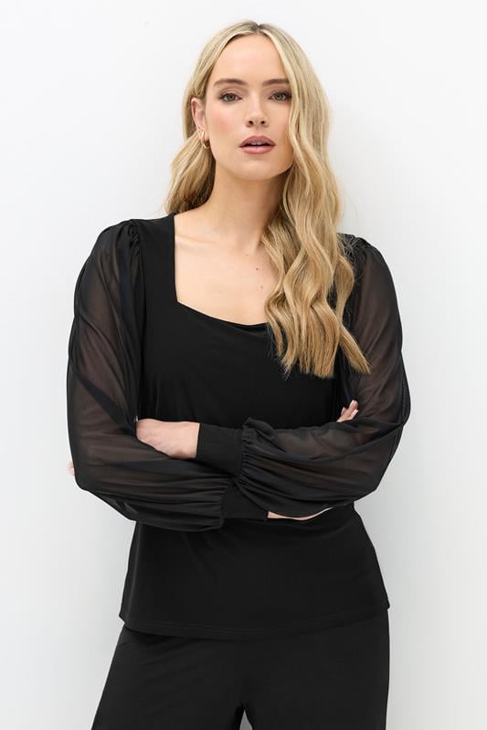 LTS Tall Black Mesh Square Neck Blouse | Long Tall Sally 1