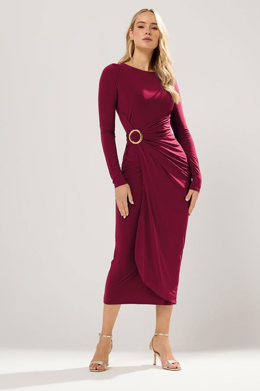 Tall  LTS Tall Wine Red Jersey Drape Long Sleeve Buckle Dress
