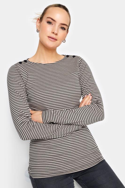 LTS Tall Women's Stone Brown Stripe Print Button T-Shirt | Long Tall Sally  1