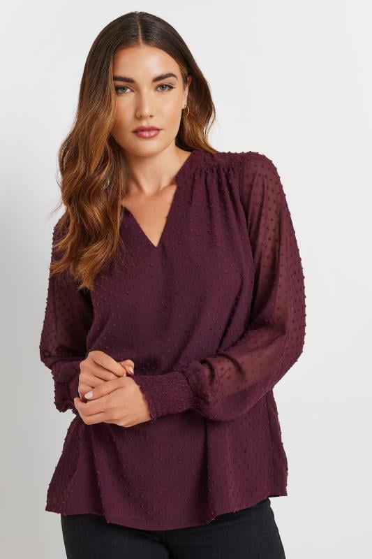 LTS Tall Burgundy Red Dobby Spot Long Sleeve Blouse | Long Tall Sally 1