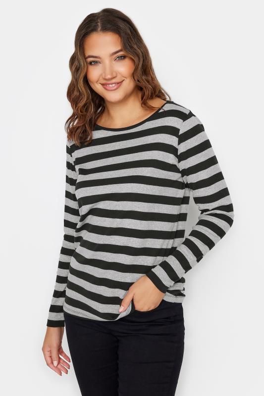 Tall  LTS Tall Grey & Black Stripe Long Sleeve Cotton T-Shirt