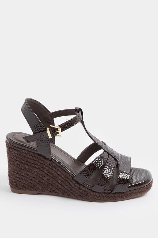 Chocolate Brown Faux Leather Patent T-Bar Wedge Sandals In Wide E Fit | Yours Clothing 4