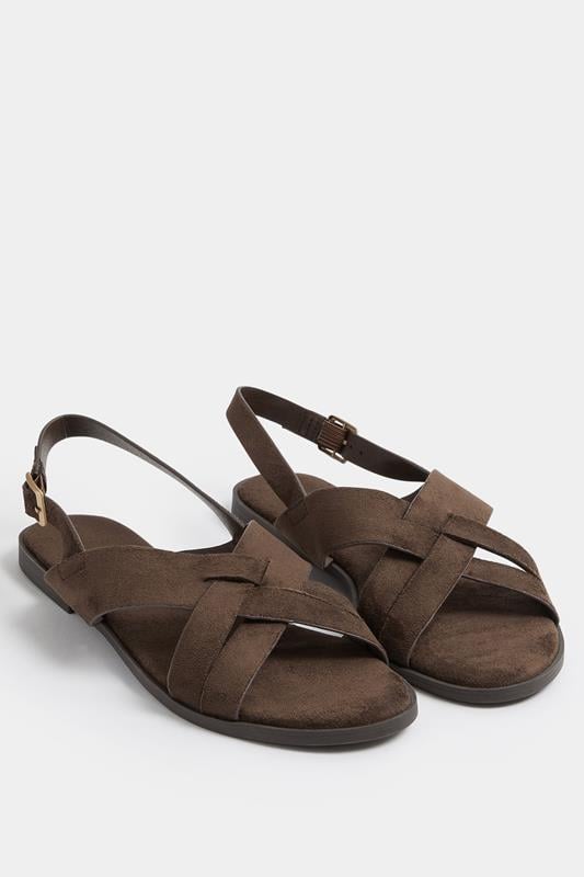 Brown Faux Suede Cross Over Strap Sandals In Wide E Fit | Yours Clothing 1