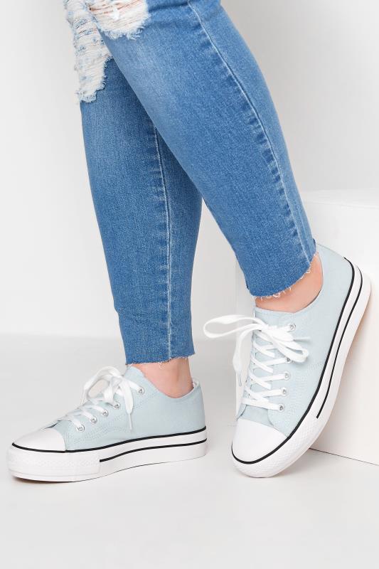Light Blue Canvas Platform Sole Low Trainers In Wide E Fit | Yours Clothing  1