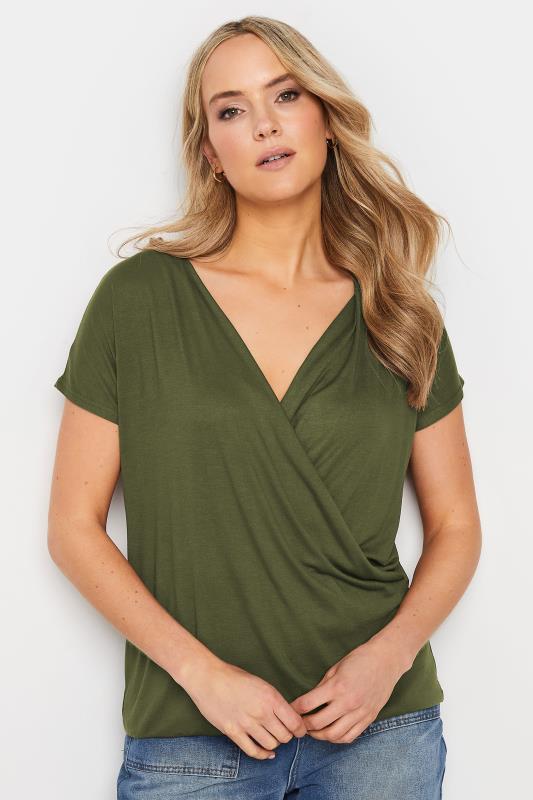 LTS Tall Women's Khaki Green Short Sleeve Wrap Top | Long Tall Sally 1