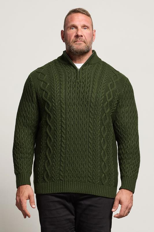 BadRhino Big & Tall Dark Green Cable Knit Quarter Zip Jumper | BadRhino 1
