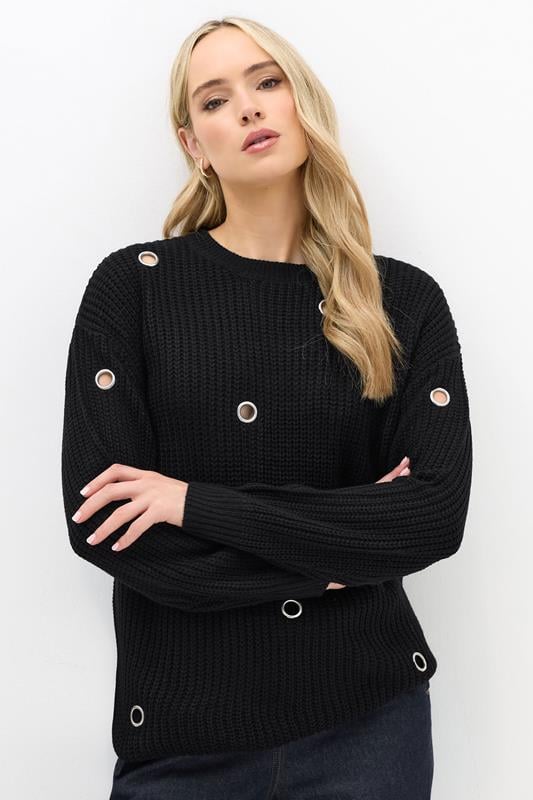 LTS Tall Black Knitted Eyelet Jumper | Long Tall Sally 1