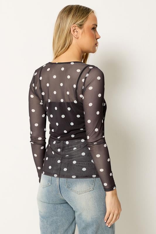 LTS Tall Women's Chocolate Brown Polka Dot Mesh Top | Long Tall Sally 1