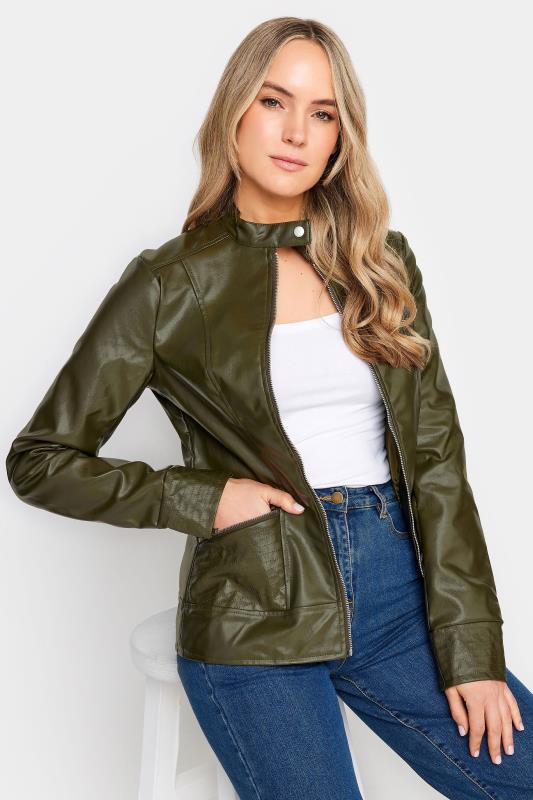 LTS Tall Khaki Green Faux Leather Funnel Neck Jacket | Long Tall Sally  4