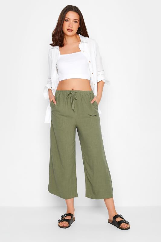 LTS Tall Women's Khaki Green Wide Leg Cropped Linen Look Trousers | Long Tall Sally  2