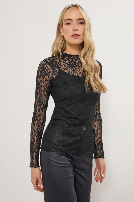 Tall  LTS Tall Black Floral High Neck Lace Top