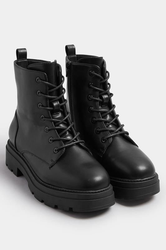 Black Faux Leather Chunky Lace Up Boots In Extra Wide EEE Fit | Yours Clothing 2