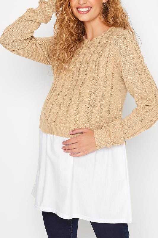 LTS Tall Women's Maternity Beige Brown Knitted Shirt Jumper | Long Tall Sally 1