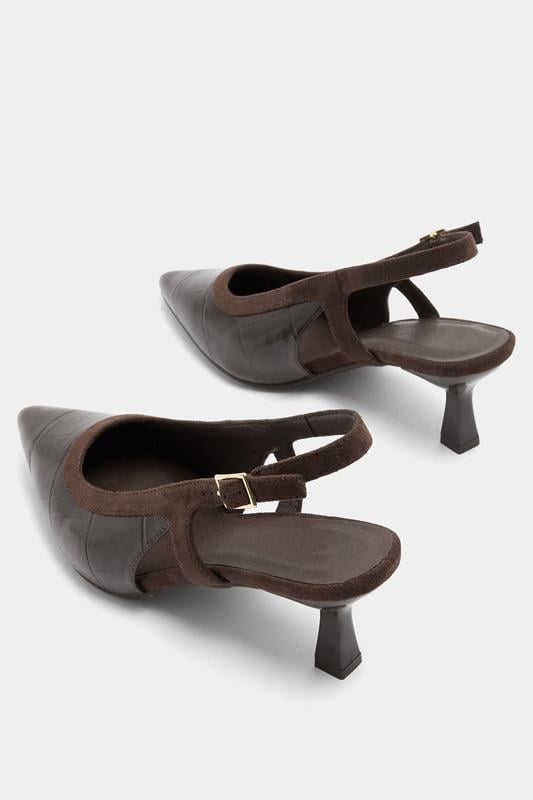 Chocolate Brown Croc Embossed Sling Back Heels In Wide E Fit | Yours Clothing 4