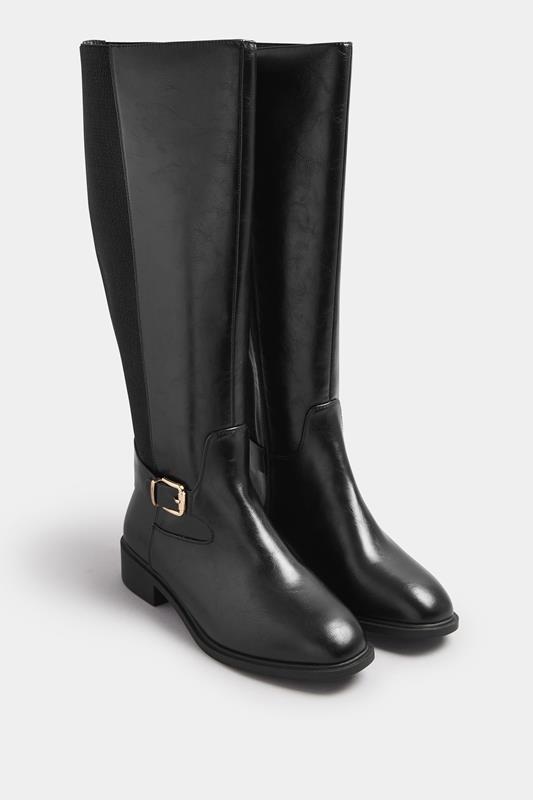 Black Buckle Stretch Knee High Boots In Extra Wide EEE Fit | Yours Clothing 2