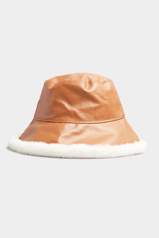 Tan Brown Faux Leather Fur Trim Bucket Hat | Yours Clothing 2