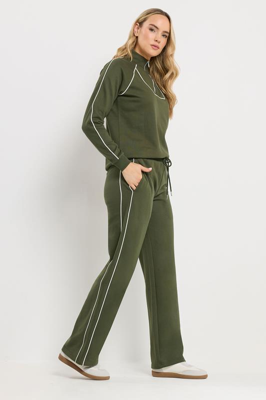  LTS Tall Set Khaki Green Cotton Pipe Quarter Zip Sweatshirt & Wide Leg Trousers