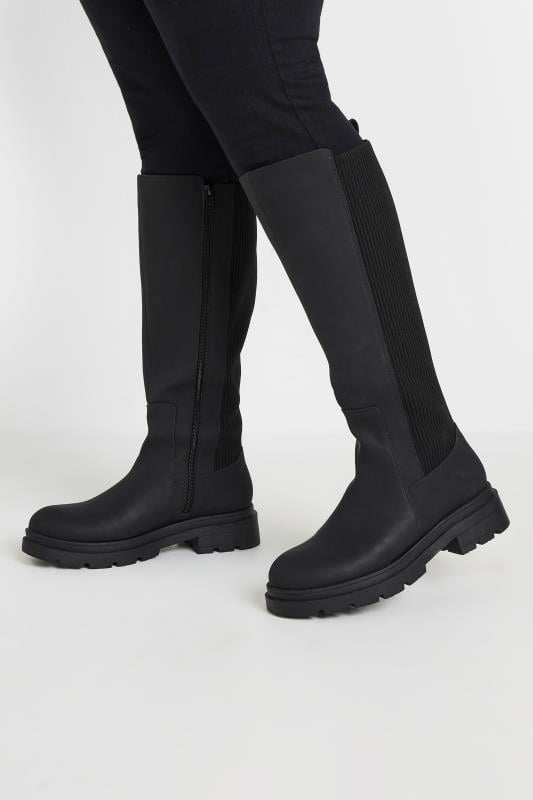 Plus Size  Yours Black Sock Panel Knee High Boots In Wide E Fit & Extra Wide EEE Fit