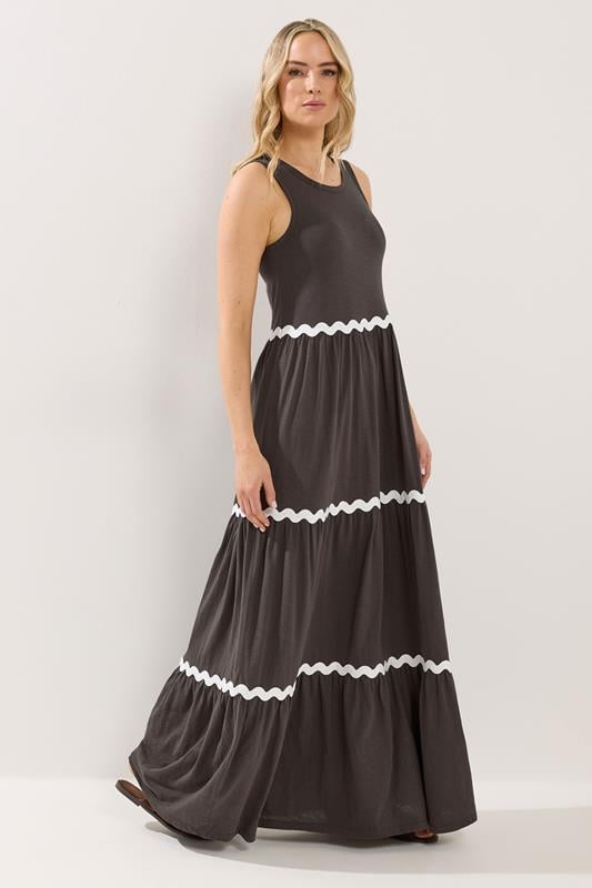 LTS Tall Women's Chocolate Brown Contrast Swirl Tiered Cotton Maxi Dress | Long Tall Sally 1