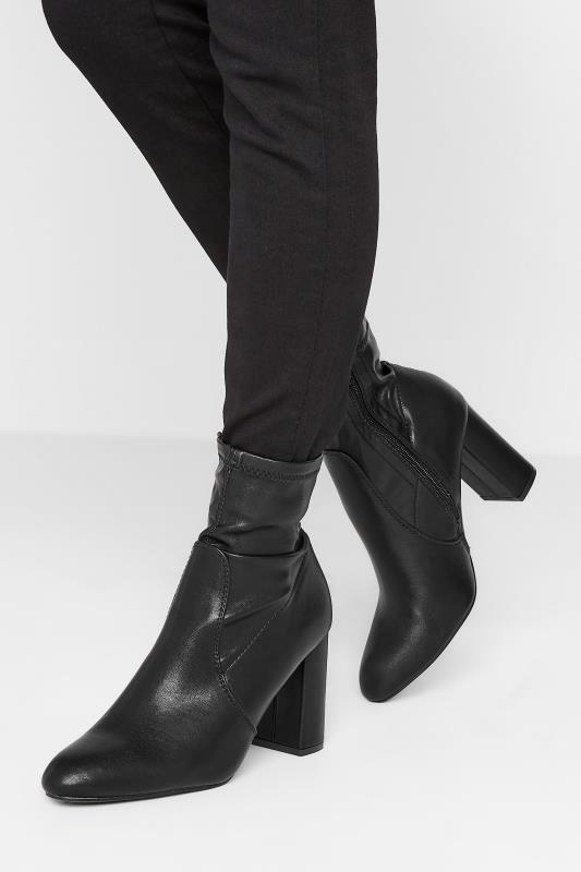 PixieGirl Petite Black Heeled Sock Boots In Standard Fit | PixieGirl 1