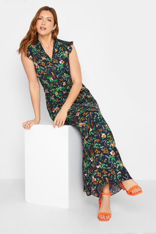 LTS Tall Women's Navy Blue Floral Print Frill Sleeve Maxi Dress | Long Tall Sally 1