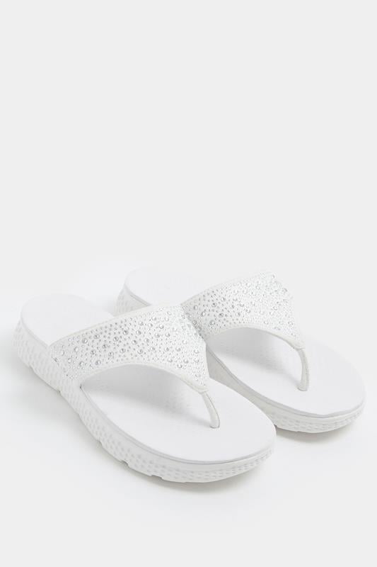 White Diamante T-Bar Sandals In Wide E Fit | Yours Clothing 1