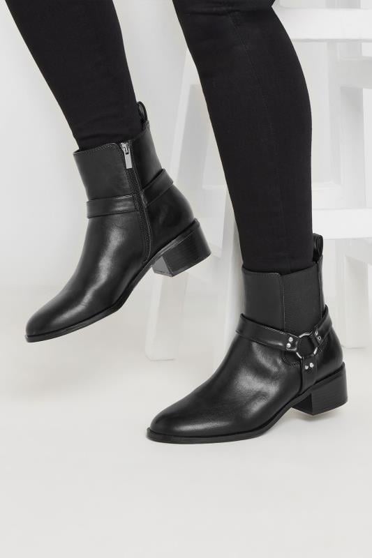 LTS Black Faux Leather Harness Biker Boots In Standard Fit | Long Tall Sally  1