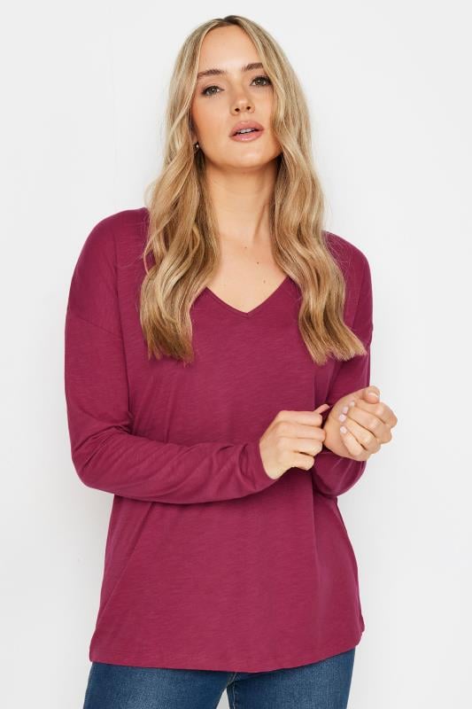 LTS Tall Burgundy Red V-Neck Long Sleeve Cotton T-Shirt | Long Tall Sally 1