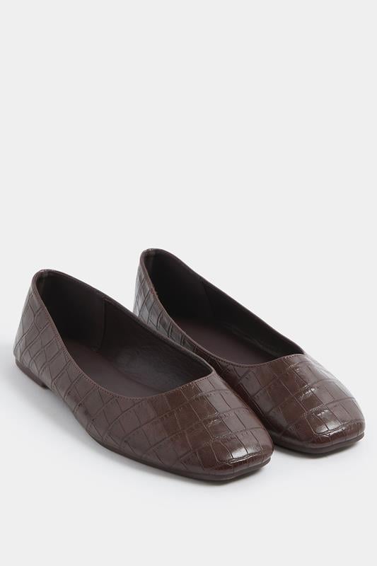  Yours Chocolate Brown Croc Print Ballerina Pumps In Wide E Fit
