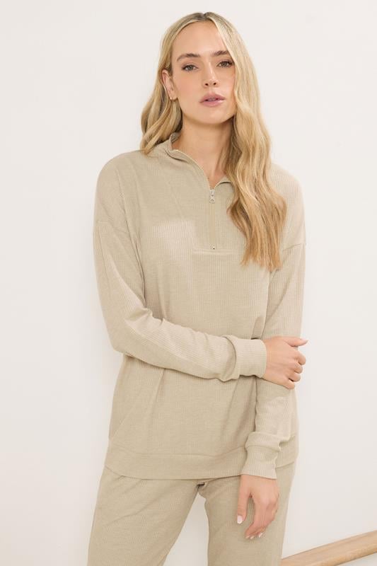 Tall  LTS Tall Beige Brown Waffle Quarter Zip Lounge Top