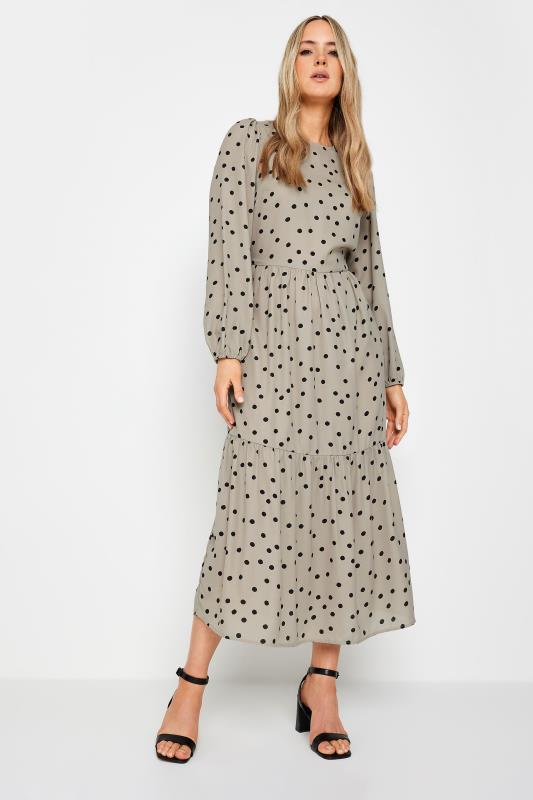 LTS Tall Womens Beige Brown Spot Print Tiered Midi Dress | Long Tall Sally 1