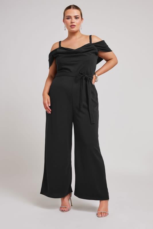 YOURS LONDON Plus Size Black Cold Shoulder Jumpsuit | Yours Clothing 1