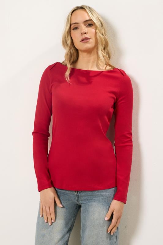 Tall  LTS Tall Red Ribbed Boat Neck Top