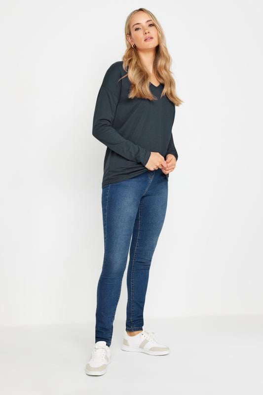 LTS Tall Navy Blue V-Neck Long Sleeve Cotton T-Shirt | Long Tall Sally 2