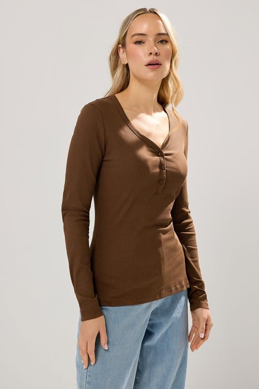 Tall  LTS Tall Chocolate Brown Cotton Ribbed Henley Top