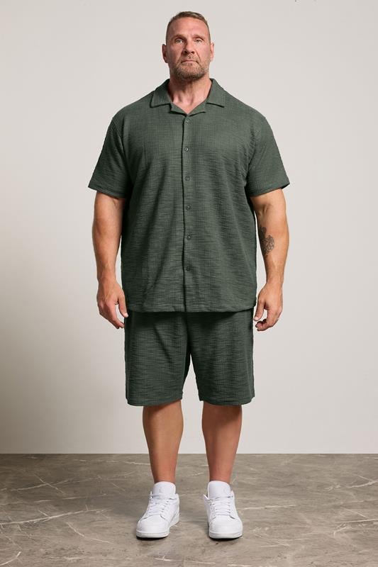 BadRhino Big & Tall Green Textured Revere Shirt & Short Co-ord Set | BadRhino 2