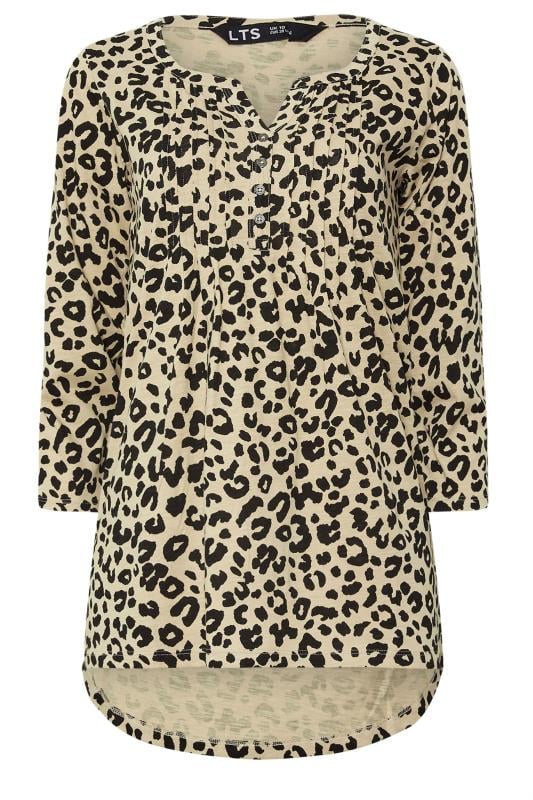 LTS Tall Beige Brown Leopard Print Pintuck Button Henley Top | Long Tall Sally 5